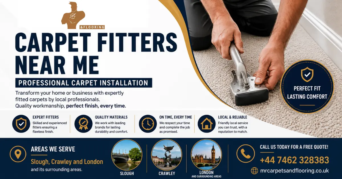 Promotional banner for Mr Carpets and Flooring featuring professional carpet installation services, highlighting expert carpet fitters serving Slough, Crawley, London, and surrounding areas with contact number +44 7462 328383.