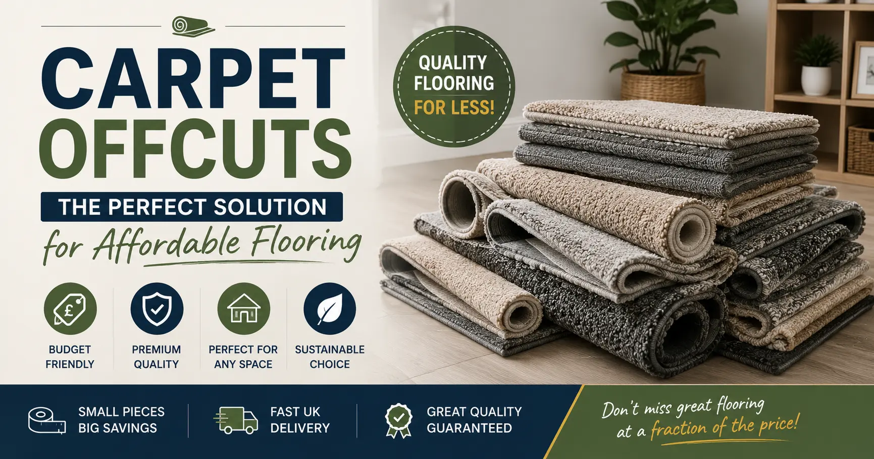 Carpet offcuts in various colours and textures stacked in a modern home, offering an affordable flooring solution.