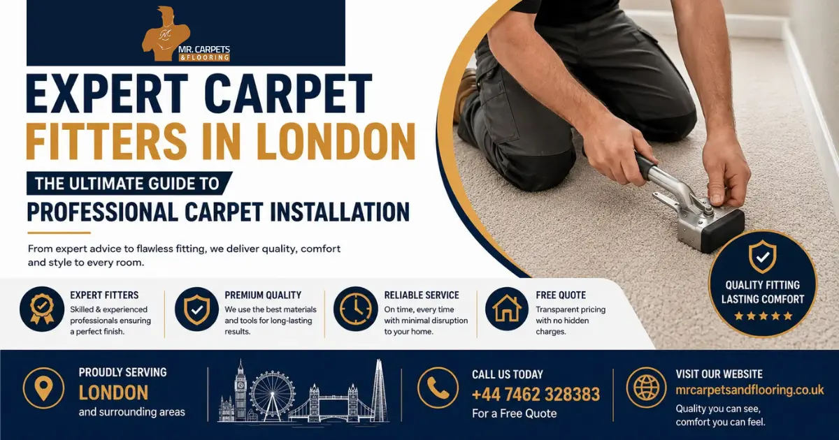 Professional promotional banner for Mr Carpets and Flooring showcasing expert carpet fitting and installation services in London, featuring a carpet installer at work, company branding, website, and contact number +44 7462 328383.