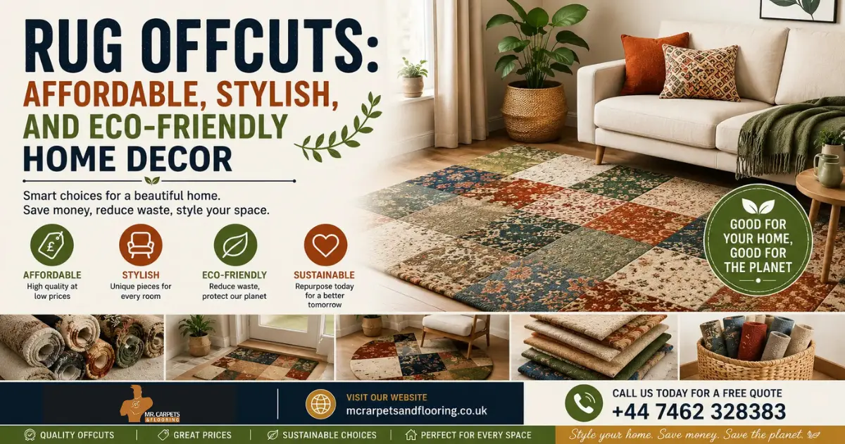 Rug offcuts banner featuring stylish patchwork rugs in a modern living room, promoting affordable, eco-friendly home decor by Mr Carpets and Flooring with website and contact number.