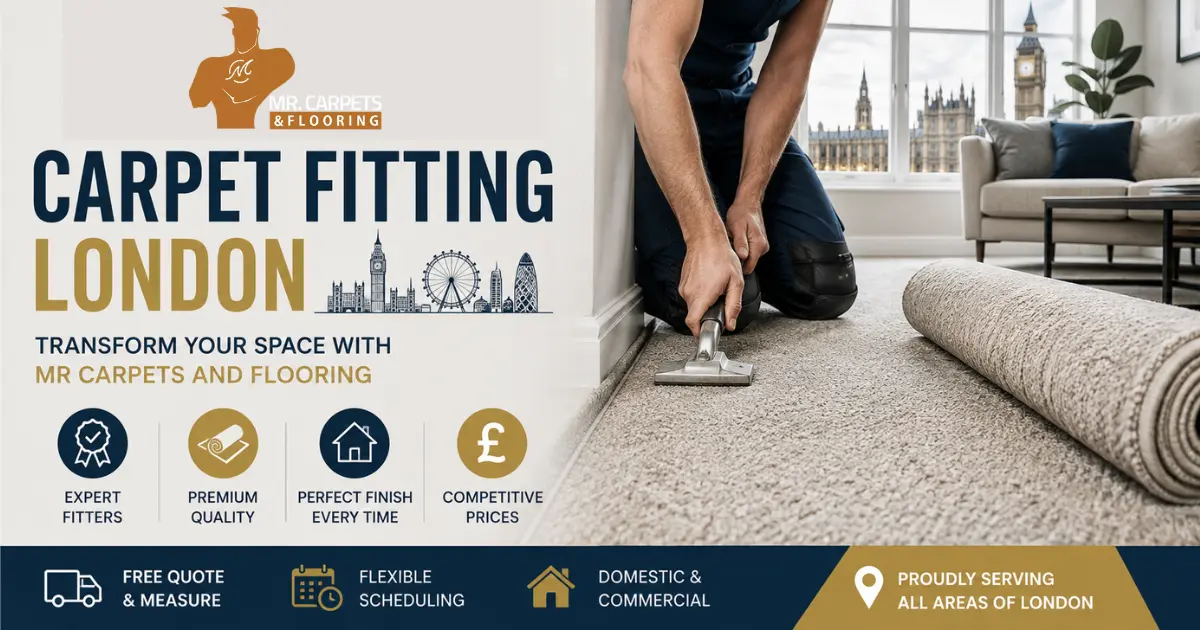 Professional carpet fitter installing a light beige carpet in a modern London home, promoting expert carpet fitting services.