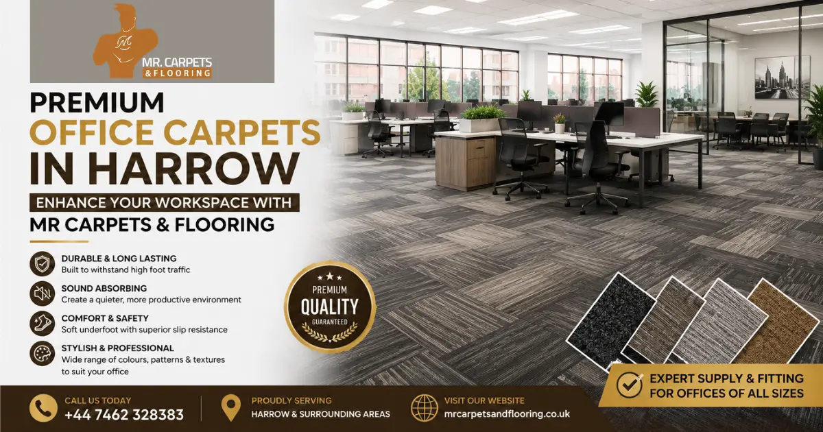 Modern office interior featuring premium commercial carpet tiles professionally installed by Mr Carpets & Flooring in Harrow for a stylish, durable, and productive workspace.