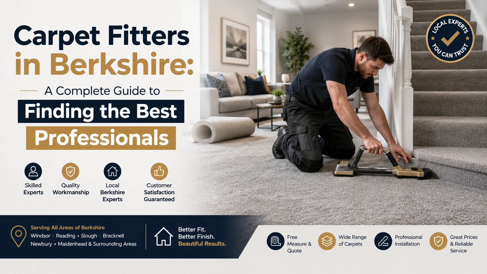 Professional carpet fitter installing a new carpet in a modern Berkshire home, showcasing expert carpet fitting services and quality workmanship.