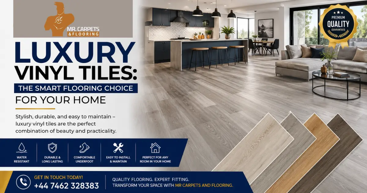 Modern luxury vinyl tile flooring installed in a stylish living room and kitchen by MR Carpets and Flooring, offering durable, waterproof, and elegant flooring solutions across London.