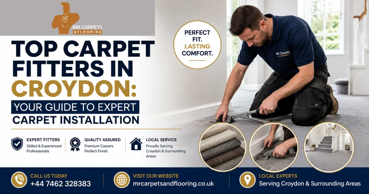 Professional carpet fitter installing a premium grey carpet in a modern Croydon home for Mr Carpets and Flooring, showcasing expert carpet installation services.