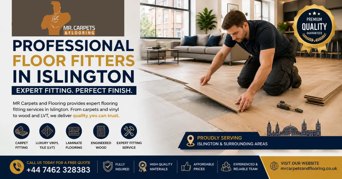 Professional floor fitter installing premium wood flooring in a modern Islington home, showcasing expert flooring installation services by MR Carpets and Flooring.