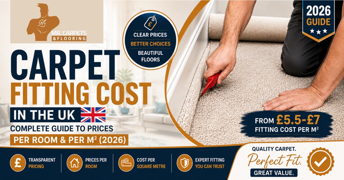 Professional carpet fitter installing new carpet flooring in a UK home with focus on carpet fitting cost