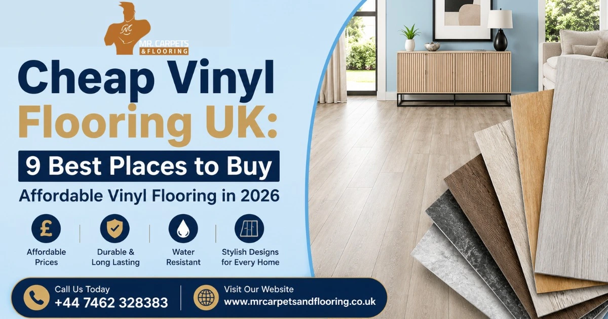 Cheap vinyl flooring UK showroom display with affordable vinyl flooring samples and modern home interior by Mr Carpets and Flooring