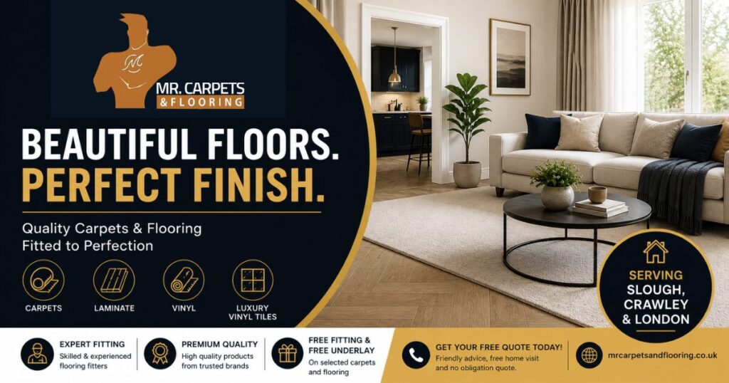 Professional carpet and flooring installation in modern UK home by MR Carpets and Flooring serving Slough Crawley and London