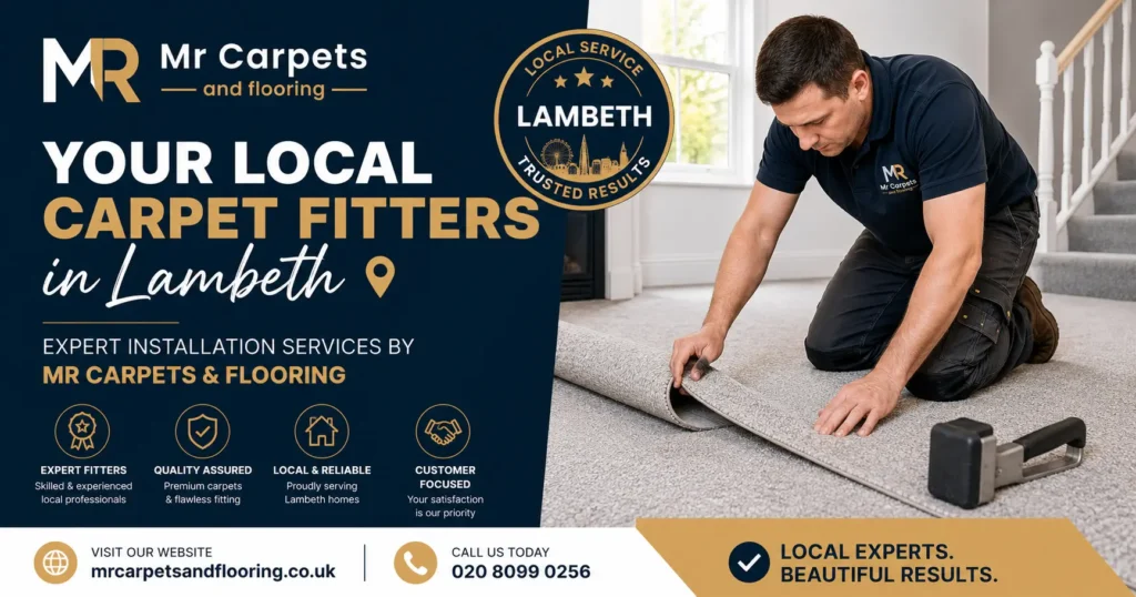 Professional carpet fitter from MR Carpets & Flooring installing a new carpet in a Lambeth home, showcasing expert local carpet fitting services.