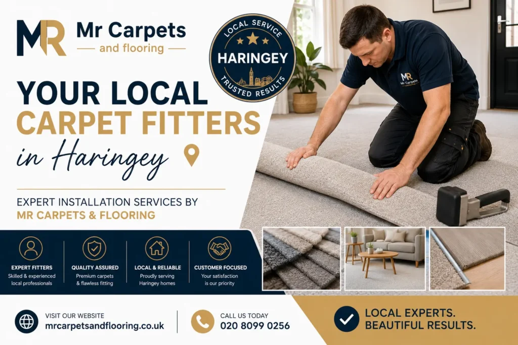 Professional carpet fitter from MR Carpets & Flooring installing a new carpet in a Haringey home, highlighting expert local carpet fitting services.