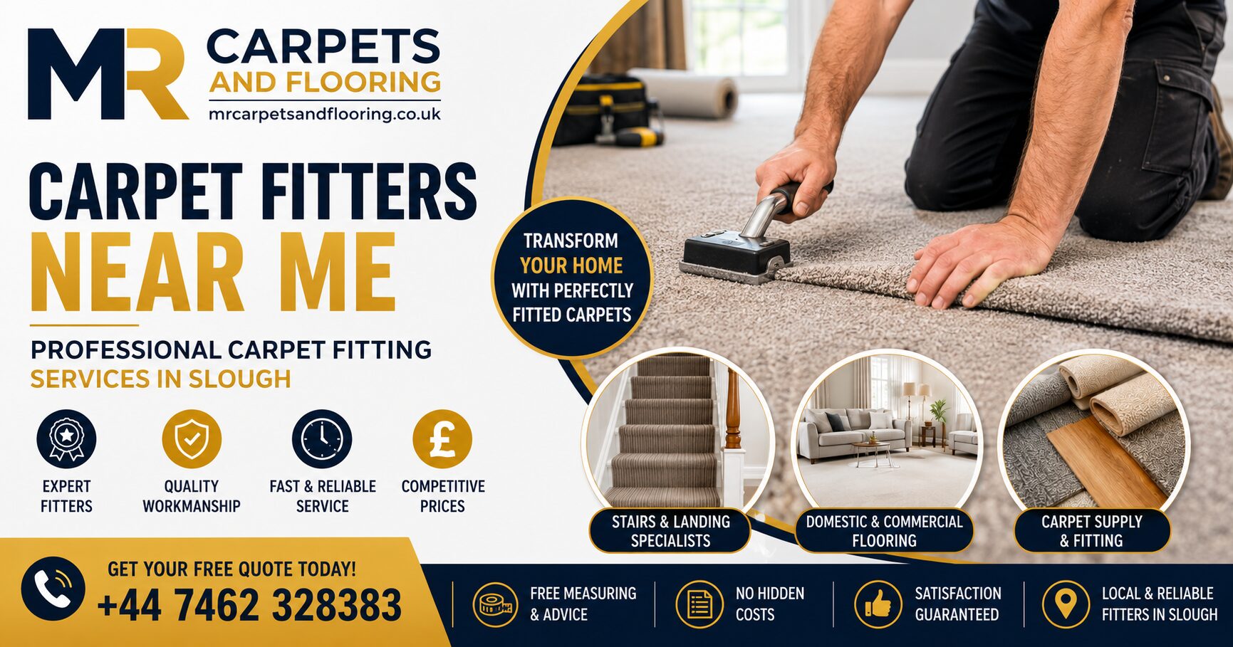 Professional carpet fitter installing new carpet flooring in a modern living room in Slough, ensuring smooth and precise fitting.